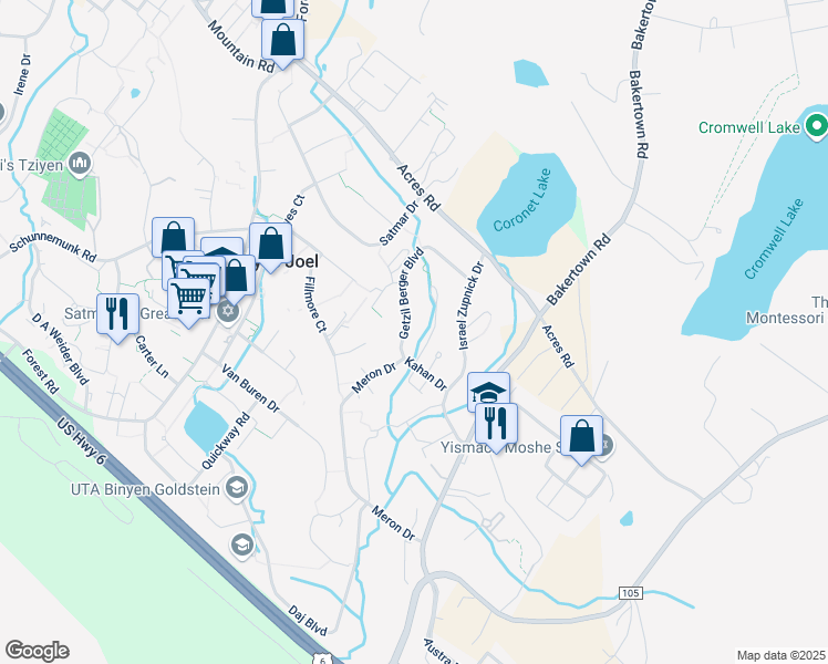 map of restaurants, bars, coffee shops, grocery stores, and more near 26 Getzil Berger Boulevard in Kiryas Joel