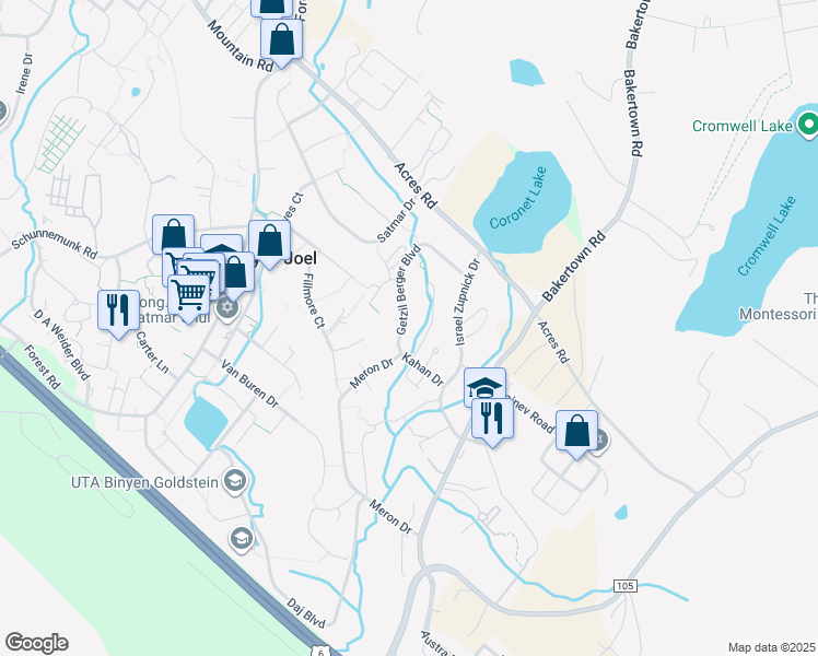 map of restaurants, bars, coffee shops, grocery stores, and more near 26 Getzil Berger Boulevard in Kiryas Joel