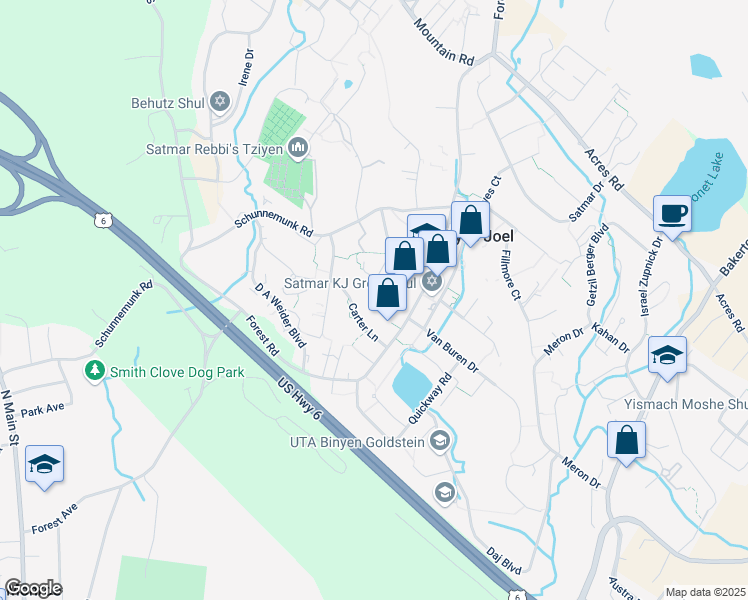 map of restaurants, bars, coffee shops, grocery stores, and more near 5 Lipa Friedman Lane in Kiryas Joel