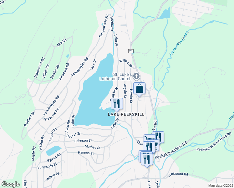 map of restaurants, bars, coffee shops, grocery stores, and more near 93 Lake Drive in Putnam Valley