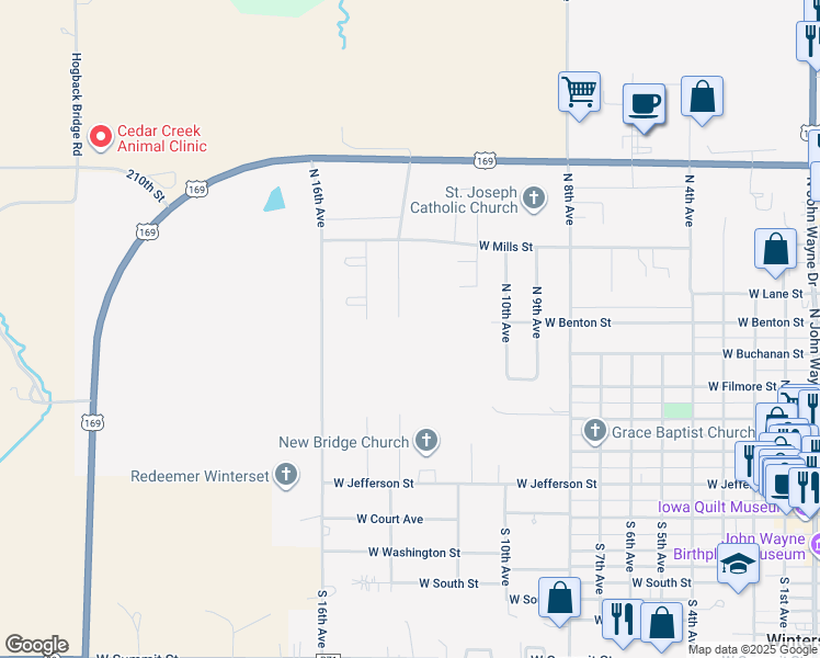 map of restaurants, bars, coffee shops, grocery stores, and more near 633 North 14th Avenue in Winterset