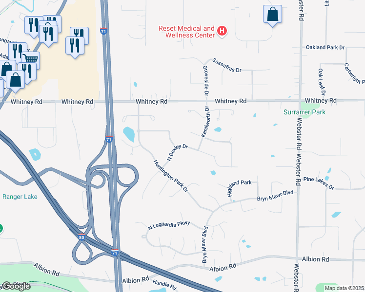 map of restaurants, bars, coffee shops, grocery stores, and more near 9546 North Bexley Drive in Strongsville