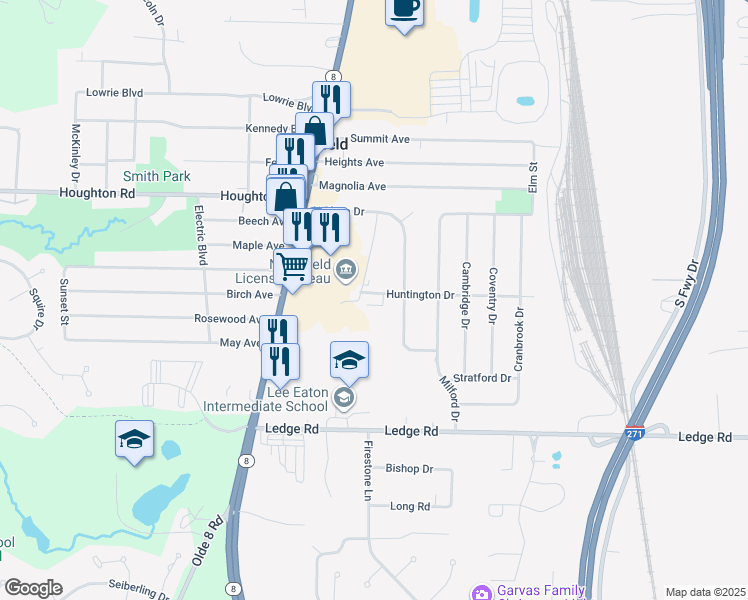 map of restaurants, bars, coffee shops, grocery stores, and more near 4 Huntington Drive in Northfield