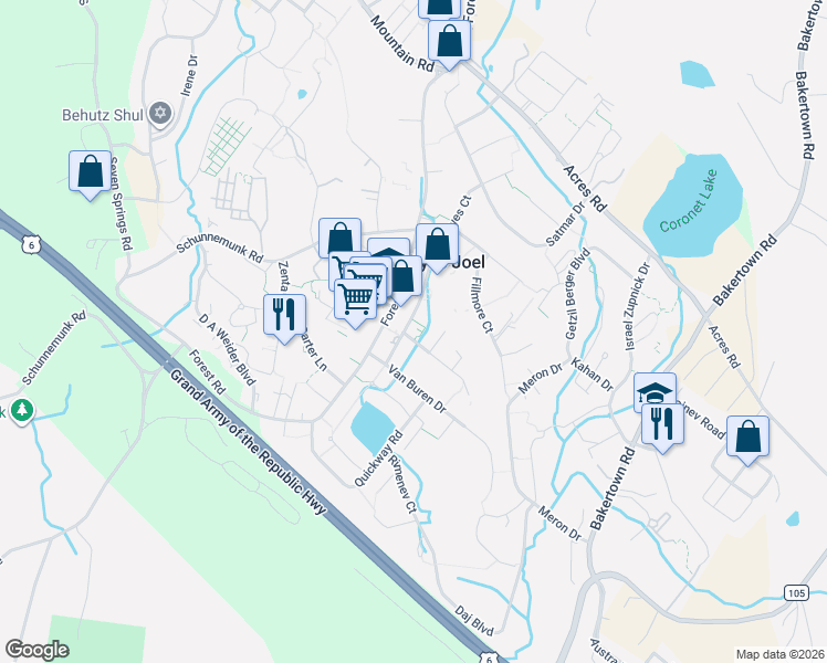 map of restaurants, bars, coffee shops, grocery stores, and more near 6 Garfield Road in Kiryas Joel