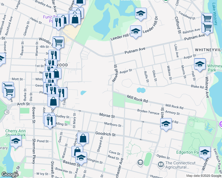 map of restaurants, bars, coffee shops, grocery stores, and more near 596 Newhall Street in Hamden