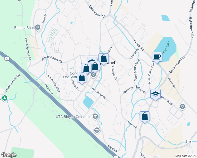 map of restaurants, bars, coffee shops, grocery stores, and more near 6 Garfield Road in Kiryas Joel