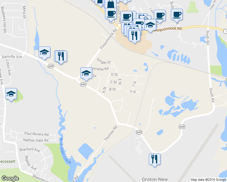 map of restaurants, bars, coffee shops, grocery stores, and more near 108 B St in Groton