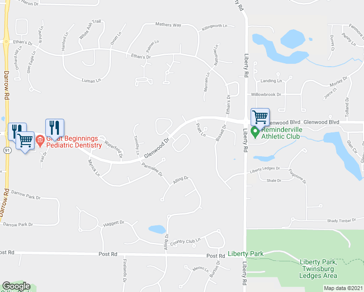 map of restaurants, bars, coffee shops, grocery stores, and more near 2932 Framingham Lane in Twinsburg