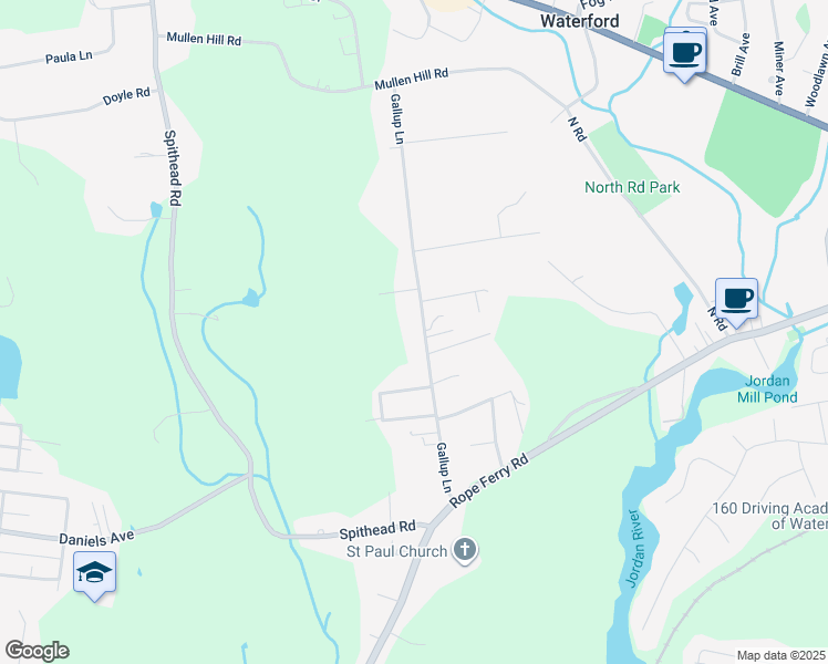 map of restaurants, bars, coffee shops, grocery stores, and more near 42 Gallup Lane in Waterford