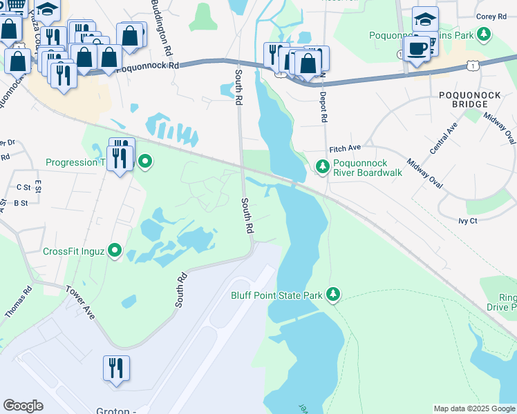 map of restaurants, bars, coffee shops, grocery stores, and more near 21 Karen Avenue in Groton