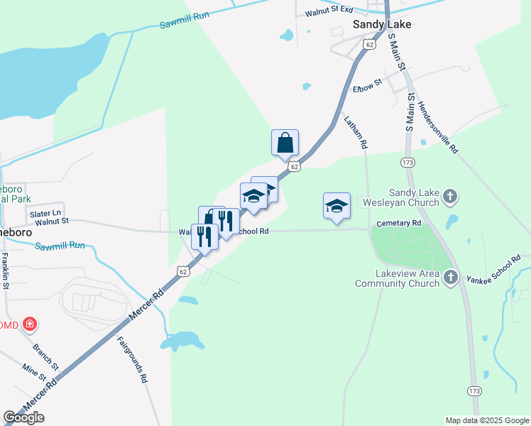 map of restaurants, bars, coffee shops, grocery stores, and more near 2482 Mercer Street in Stoneboro