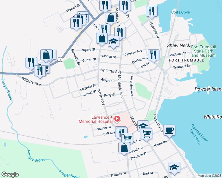map of restaurants, bars, coffee shops, grocery stores, and more near 24 Avery Court in New London