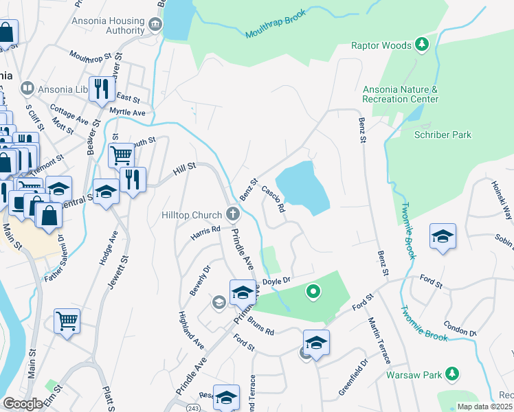 map of restaurants, bars, coffee shops, grocery stores, and more near 19 Mountain View Road in Ansonia