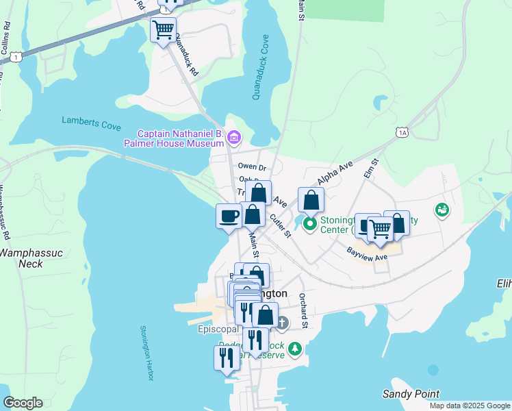 map of restaurants, bars, coffee shops, grocery stores, and more near 205 North Main Street in Stonington