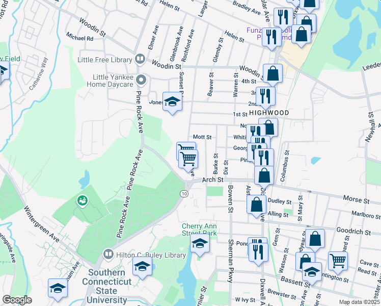 map of restaurants, bars, coffee shops, grocery stores, and more near 65 Fairview Avenue in Hamden