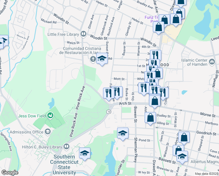 map of restaurants, bars, coffee shops, grocery stores, and more near 65 Fairview Avenue in Hamden