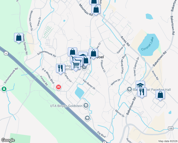 map of restaurants, bars, coffee shops, grocery stores, and more near 6 Garfield Road in Kiryas Joel