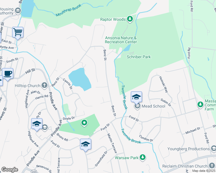 map of restaurants, bars, coffee shops, grocery stores, and more near Benz Street & Arlene Drive in Ansonia