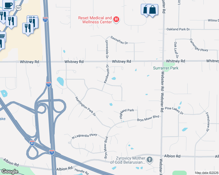 map of restaurants, bars, coffee shops, grocery stores, and more near 9361 Sagamore Circle in Strongsville