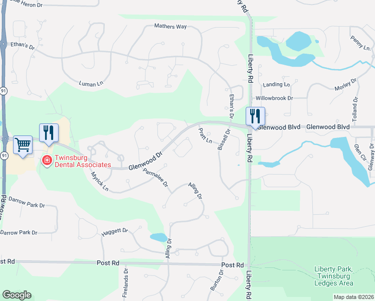 map of restaurants, bars, coffee shops, grocery stores, and more near 2938 Framingham Lane in Twinsburg