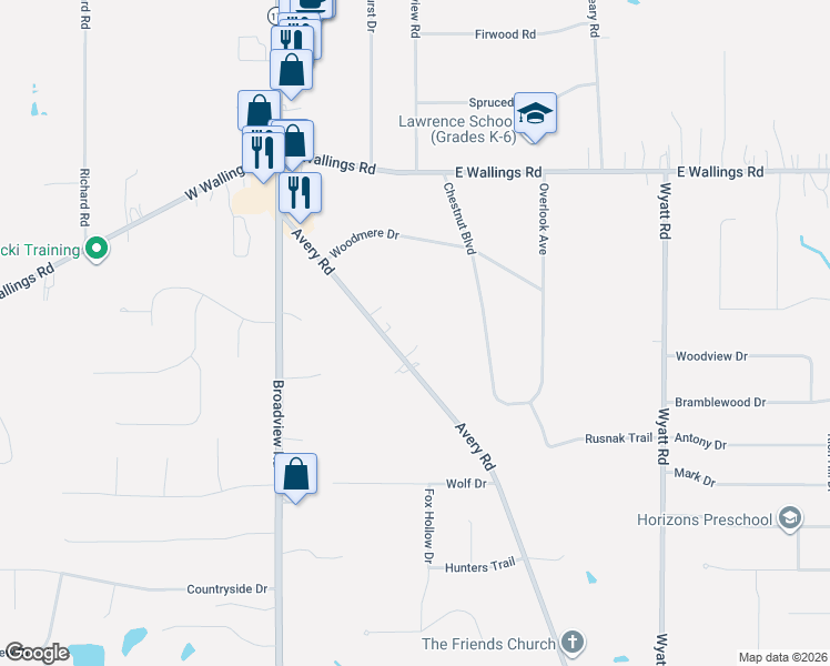 map of restaurants, bars, coffee shops, grocery stores, and more near 8327 Avery Road in Broadview Heights