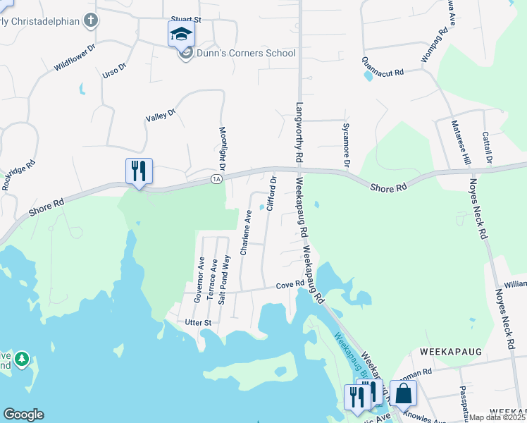 map of restaurants, bars, coffee shops, grocery stores, and more near 28 Clifford Drive in Westerly
