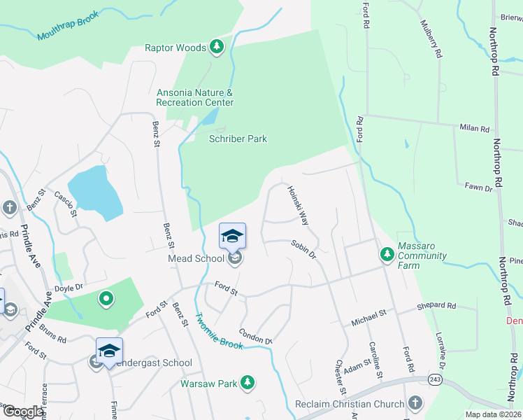 map of restaurants, bars, coffee shops, grocery stores, and more near 40 Hoinski Way in Ansonia