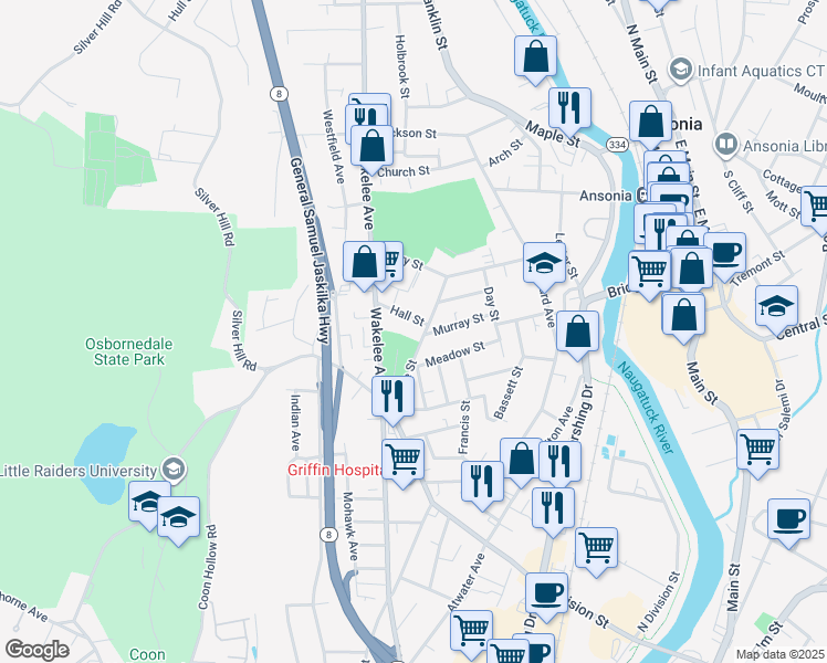 map of restaurants, bars, coffee shops, grocery stores, and more near 104 Grove Street in Ansonia