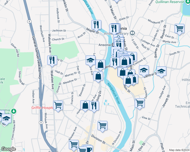map of restaurants, bars, coffee shops, grocery stores, and more near 104 Howard Avenue in Ansonia