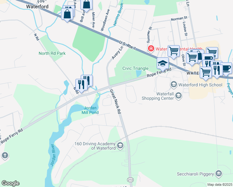 map of restaurants, bars, coffee shops, grocery stores, and more near 6 Great Neck Road in Waterford