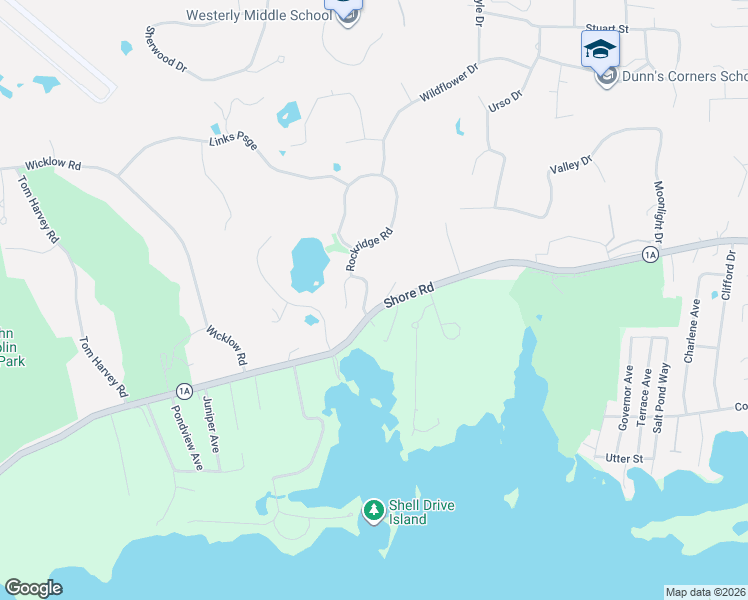 map of restaurants, bars, coffee shops, grocery stores, and more near 3 Rockridge Road in Westerly