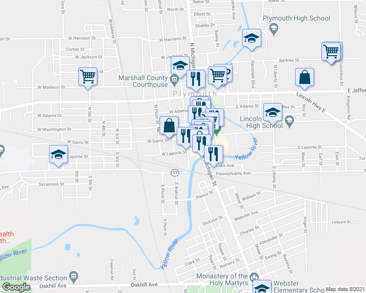 map of restaurants, bars, coffee shops, grocery stores, and more near 111 North Center Street in Plymouth