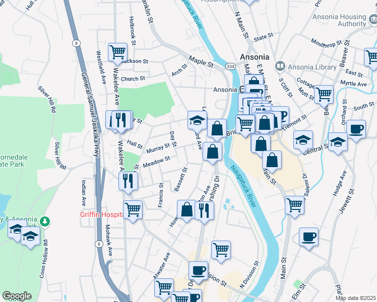 map of restaurants, bars, coffee shops, grocery stores, and more near 9 Bassett Street in Ansonia