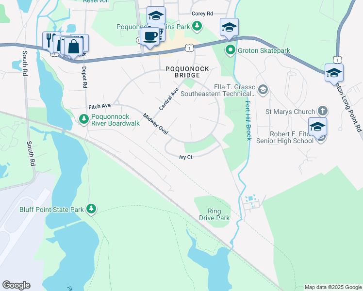 map of restaurants, bars, coffee shops, grocery stores, and more near 123 Midway Oval in Groton