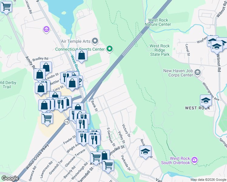 map of restaurants, bars, coffee shops, grocery stores, and more near 58 Taylor Avenue in New Haven