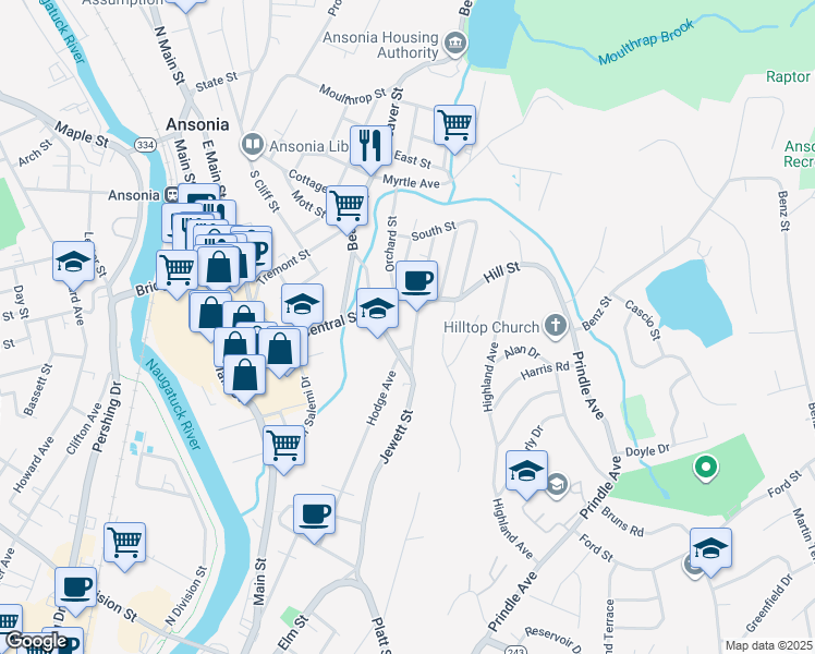 map of restaurants, bars, coffee shops, grocery stores, and more near 43 Jewett Street in Ansonia