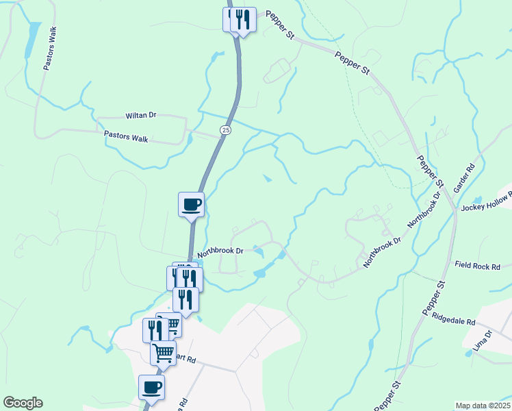 map of restaurants, bars, coffee shops, grocery stores, and more near 5 Shadowwood Circle in Monroe