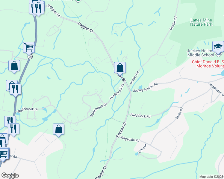 map of restaurants, bars, coffee shops, grocery stores, and more near 2 Rosewood Circle in Monroe