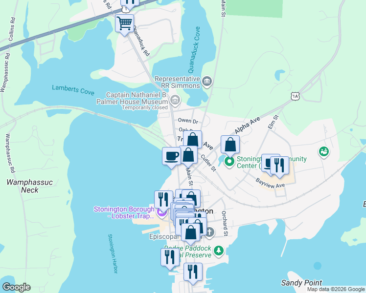 map of restaurants, bars, coffee shops, grocery stores, and more near 77 Cutler Street in Stonington