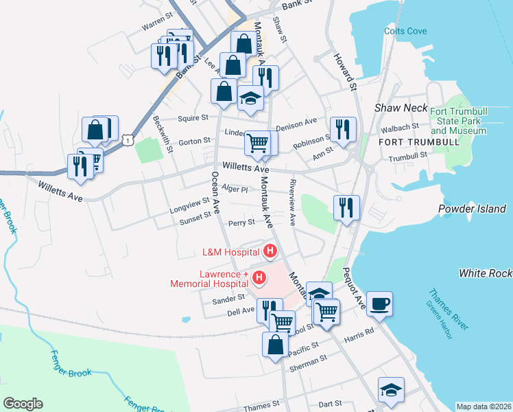 map of restaurants, bars, coffee shops, grocery stores, and more near 24 Avery Court in New London