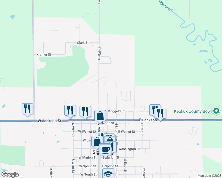 map of restaurants, bars, coffee shops, grocery stores, and more near 799 North Jefferson Street in Sigourney