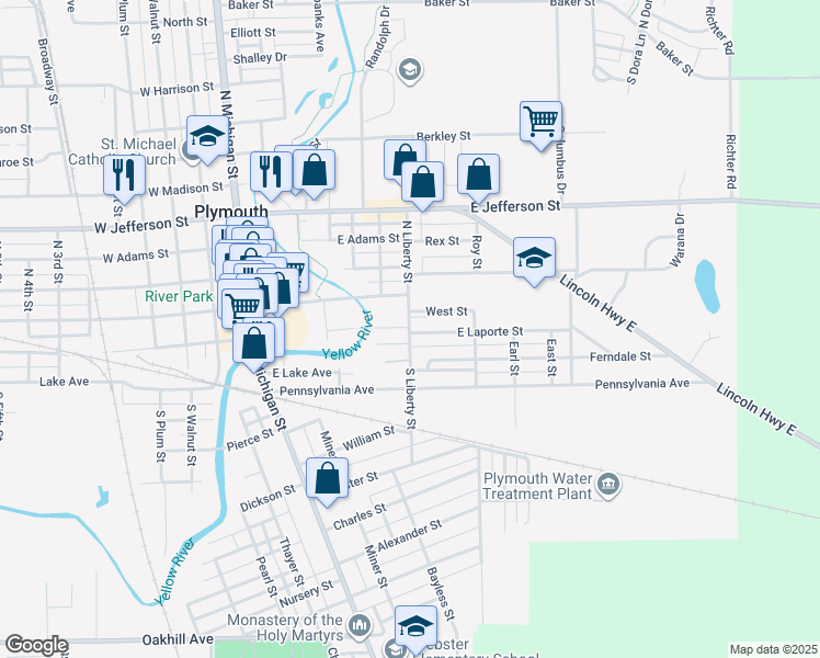 map of restaurants, bars, coffee shops, grocery stores, and more near 220 North Liberty Street in Plymouth