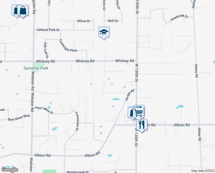 map of restaurants, bars, coffee shops, grocery stores, and more near 13444 Maple Brook Trail in Strongsville