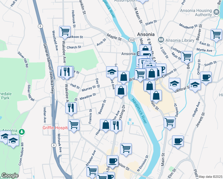 map of restaurants, bars, coffee shops, grocery stores, and more near 105 Howard Avenue in Ansonia