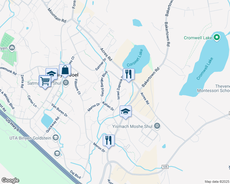 map of restaurants, bars, coffee shops, grocery stores, and more near 2 Kerestier Court in Kiryas Joel