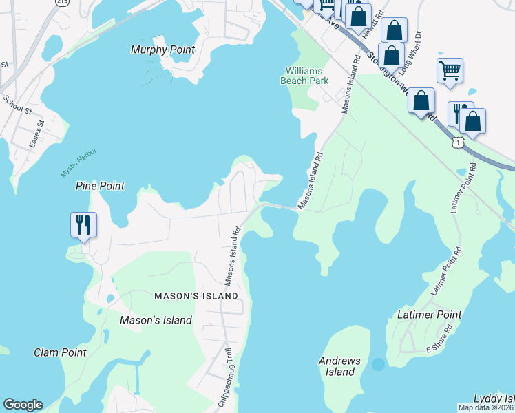 map of restaurants, bars, coffee shops, grocery stores, and more near 3 Dubois Drive in Stonington