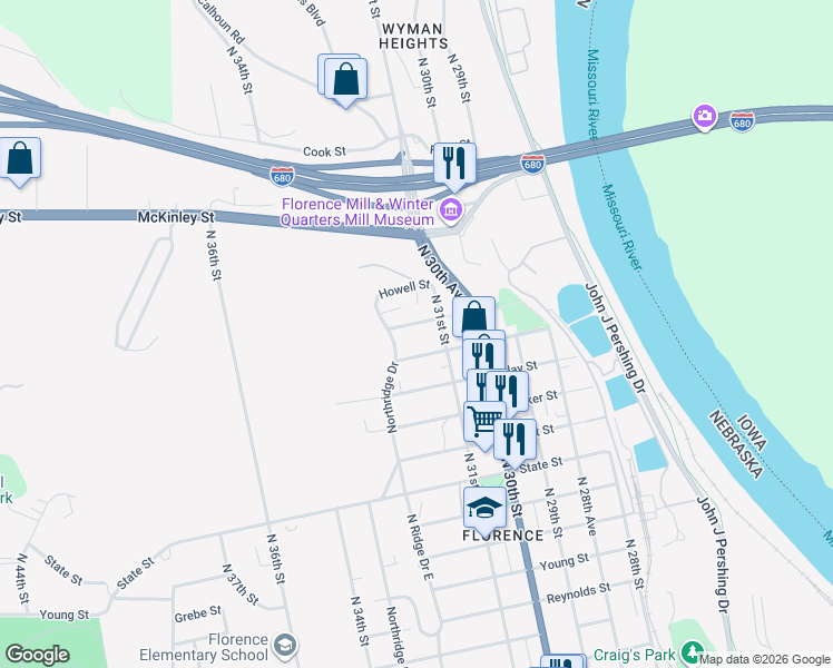 map of restaurants, bars, coffee shops, grocery stores, and more near 3132 Bondesson Street in Omaha