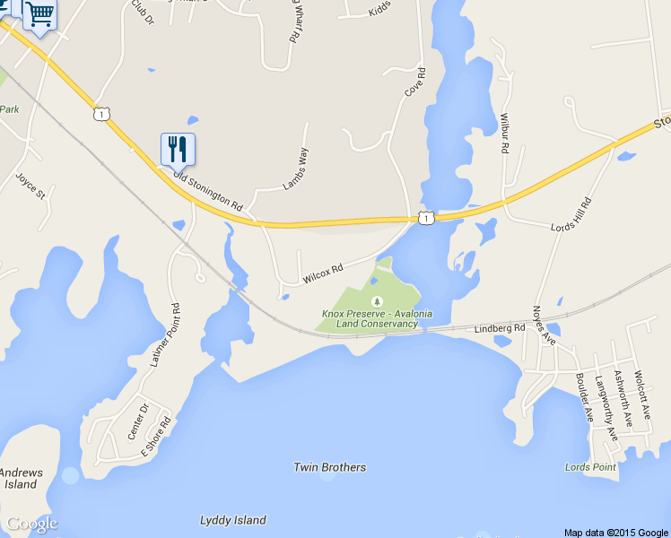 map of restaurants, bars, coffee shops, grocery stores, and more near 32 Wilcox Rd in Stonington