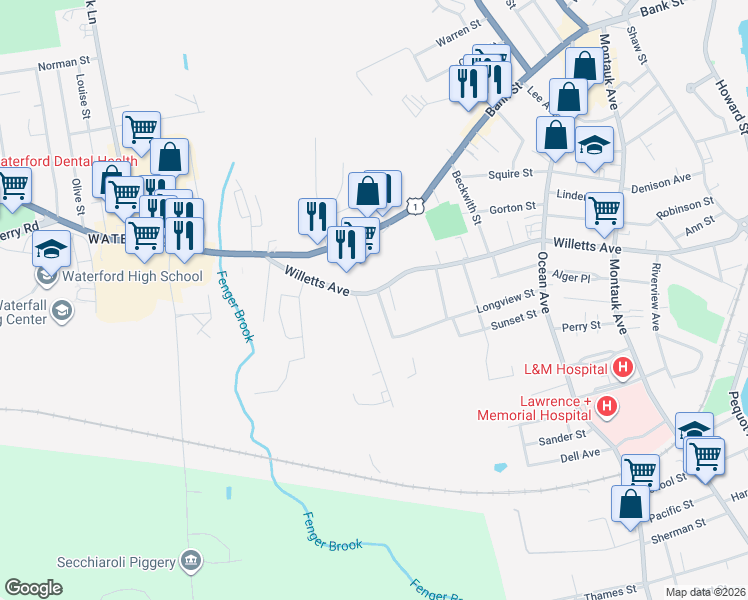 map of restaurants, bars, coffee shops, grocery stores, and more near 352 Willetts Avenue in Waterford