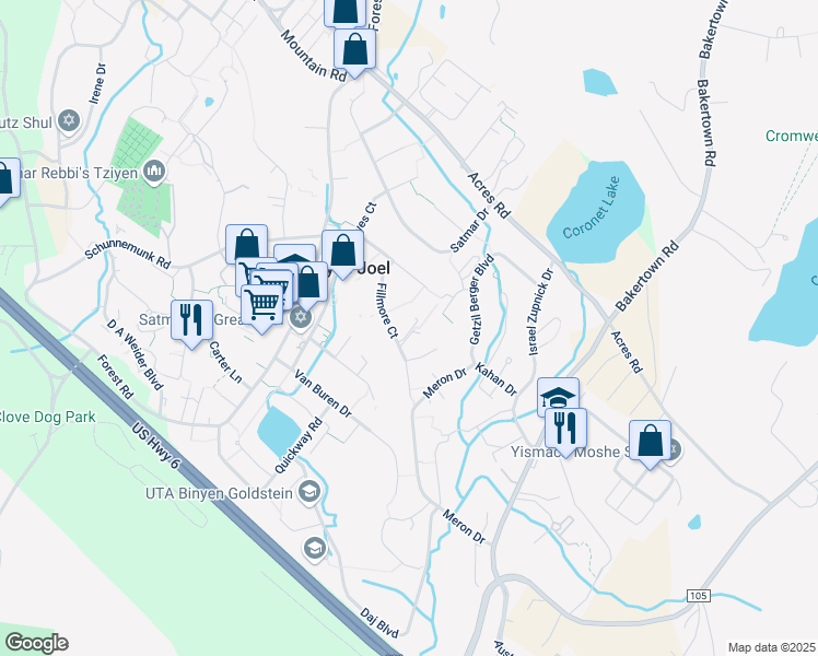 map of restaurants, bars, coffee shops, grocery stores, and more near 11 Fillmore Court in Monroe